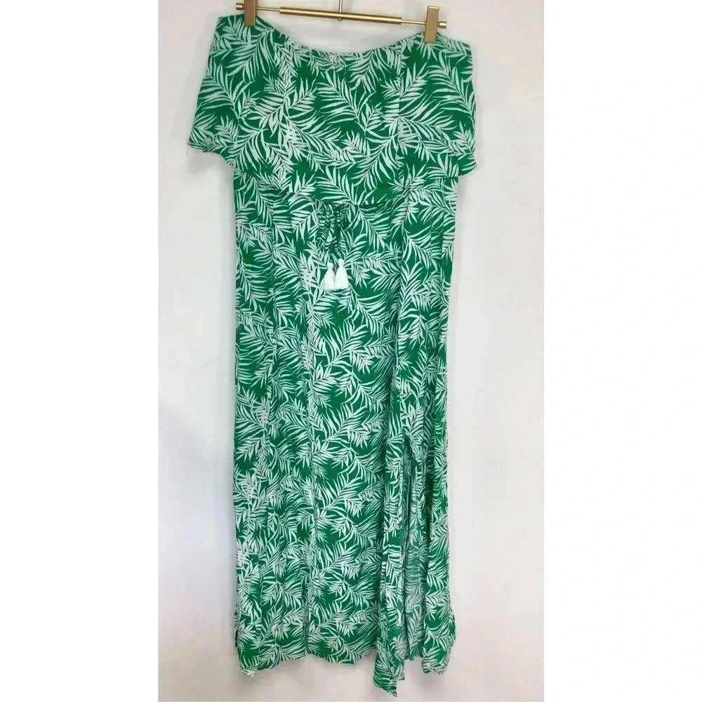 Japna Womens Green Tropical Print Flutter Side Slit Strapless Maxi Dress Large